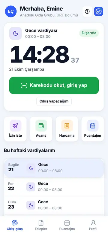 Personelin telefonu: vardiya, saat ve Karekodu okut düğmesi