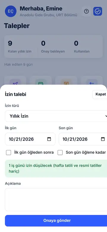 İzin iste: iş günü kendiliğinden hesaplanır