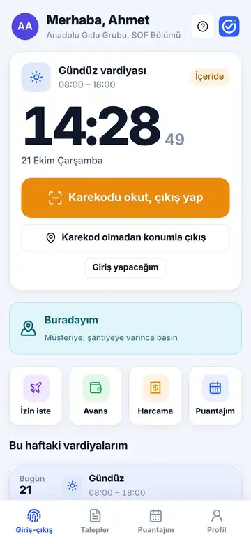 Personelin telefonu: Buradayım düğmesi ve bugünkü ziyaretler